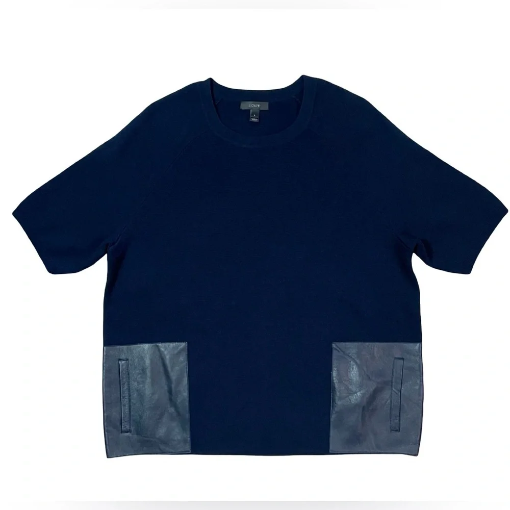 J.Crew Merino Wool Leather Pocket Short Sleeve Sweater Navy Size Large